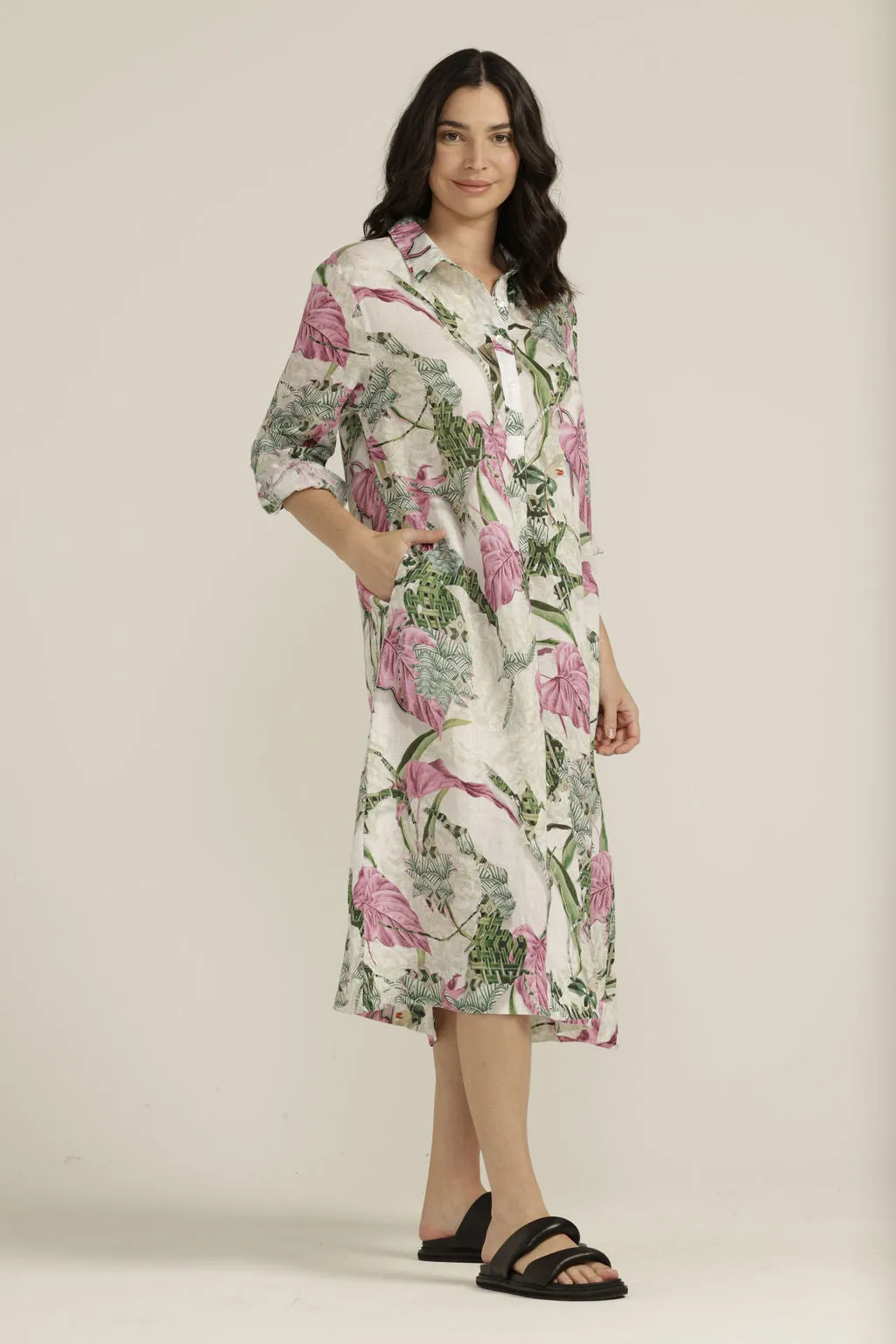 Palms Print 1/2 Placket Dress
