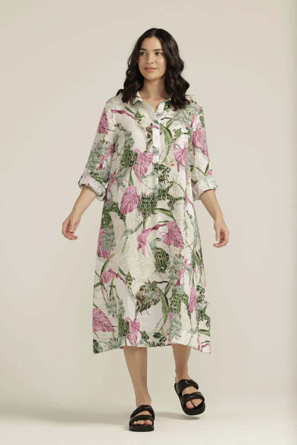 Palms Print 1/2 Placket Dress