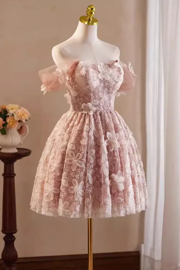 Pink Off the Shoulder Lace Short Prom Gown, Homecoming Dress with Flowers UQH0241