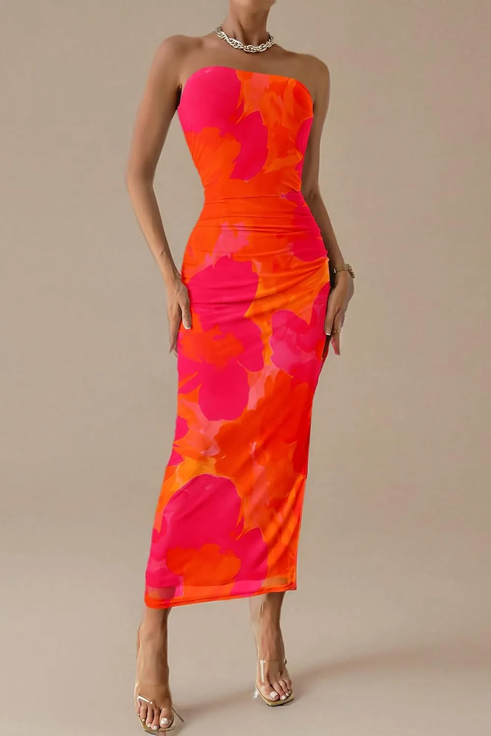 PRETTYGARDEN Women's Summer Maxi Bodycon Dresses Strapless Tube Top Slit Floral Printed Party Club Long Dress