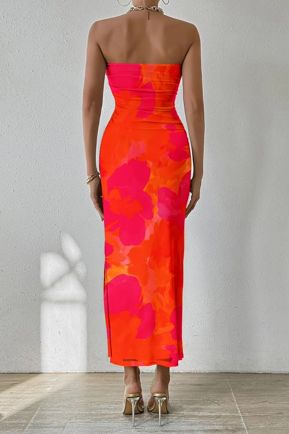 PRETTYGARDEN Women's Summer Maxi Bodycon Dresses Strapless Tube Top Slit Floral Printed Party Club Long Dress