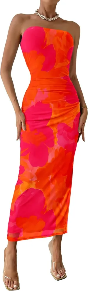 PRETTYGARDEN Women's Summer Maxi Bodycon Dresses Strapless Tube Top Slit Floral Printed Party Club Long Dress