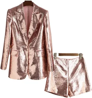 Sequin Blazer and Short Set for Women 2 PC Slim Fit Notch Lapel Prom Party Suit Women's Glitter Suit