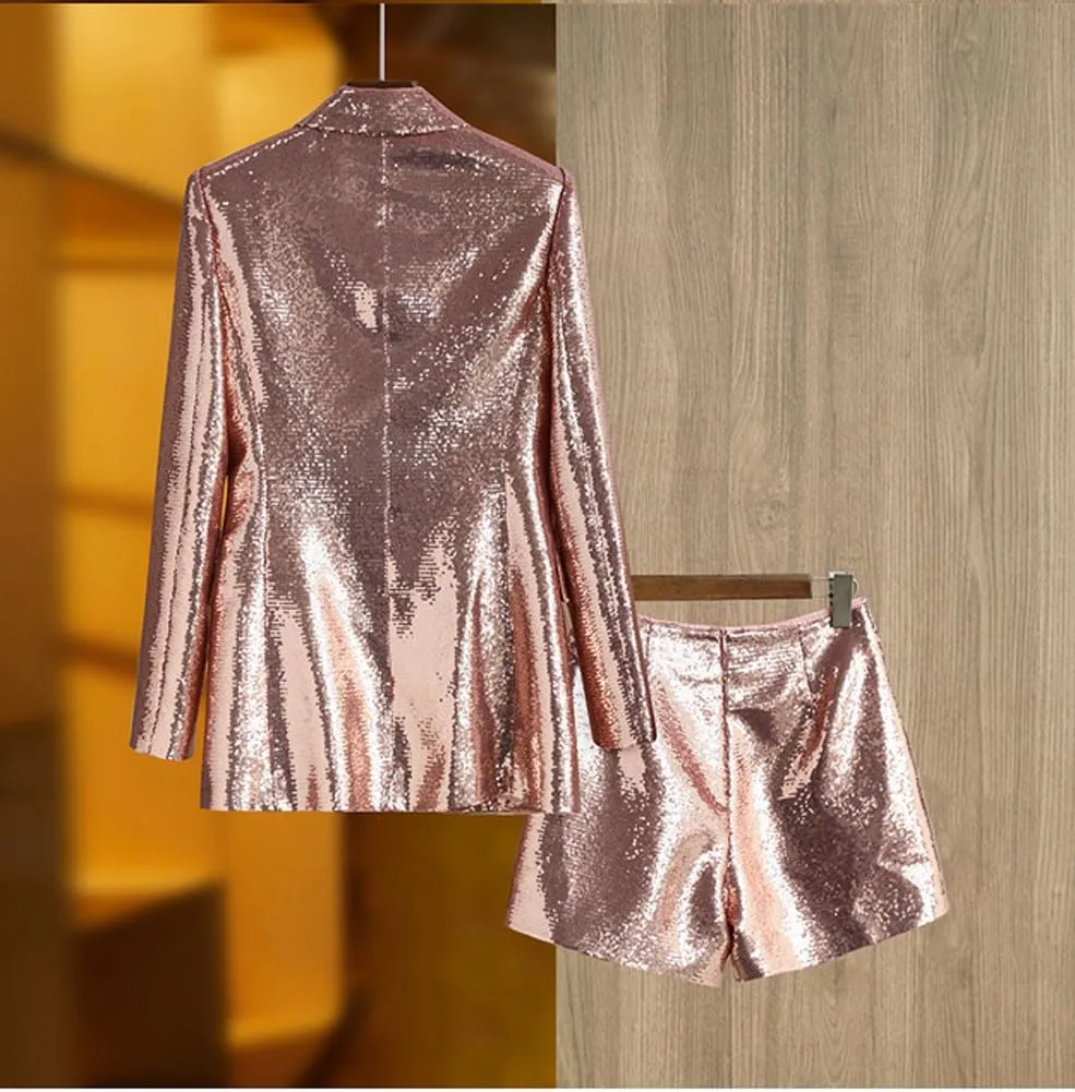 Sequin Blazer and Short Set for Women 2 PC Slim Fit Notch Lapel Prom Party Suit Women's Glitter Suit