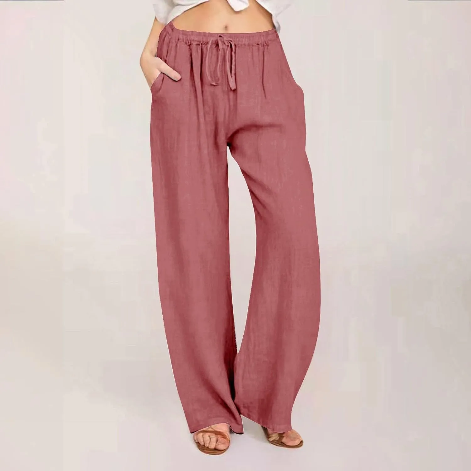 SHAOBGE Cotton Linen Pants for Women Summer Wide Leg Casual Loose Drawstring High Waist Palazzo Pants Trousers with Pockets
