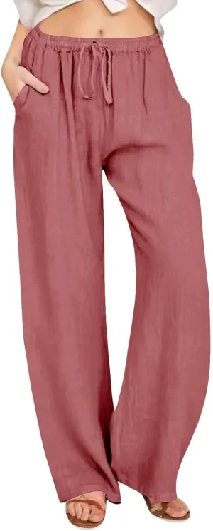 SHAOBGE Cotton Linen Pants for Women Summer Wide Leg Casual Loose Drawstring High Waist Palazzo Pants Trousers with Pockets