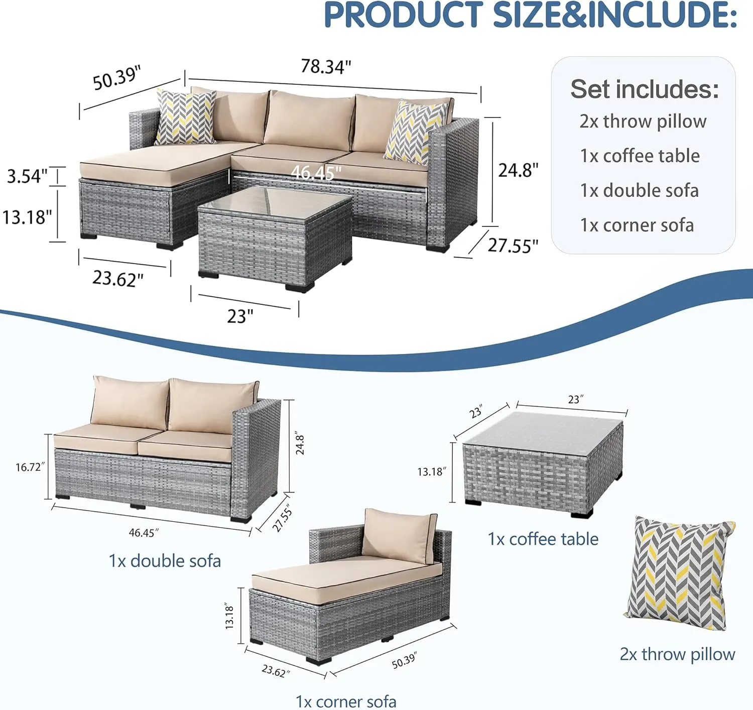 Shintenchi 3 Pieces Patio Furniture Set,All-Weather Rattan Patio Conversation Set,Outdoor Sectional Silver Wicker Patio Couch with Washable Cushions and Glass Coffee Table(Khaki)
