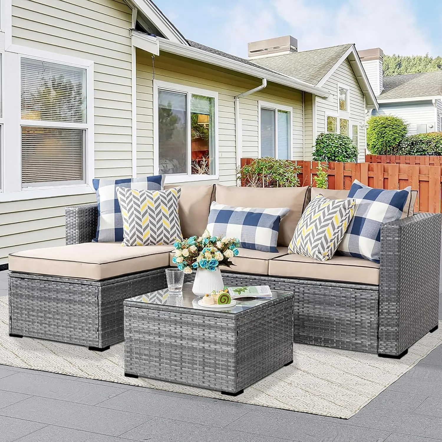 Shintenchi 3 Pieces Patio Furniture Set,All-Weather Rattan Patio Conversation Set,Outdoor Sectional Silver Wicker Patio Couch with Washable Cushions and Glass Coffee Table(Khaki)