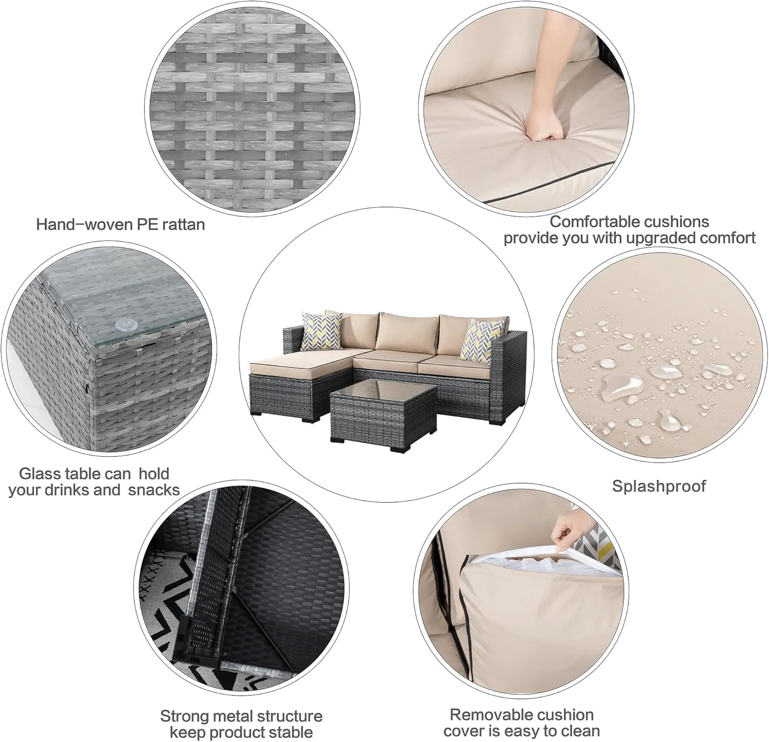 Shintenchi 3 Pieces Patio Furniture Set,All-Weather Rattan Patio Conversation Set,Outdoor Sectional Silver Wicker Patio Couch with Washable Cushions and Glass Coffee Table(Khaki)