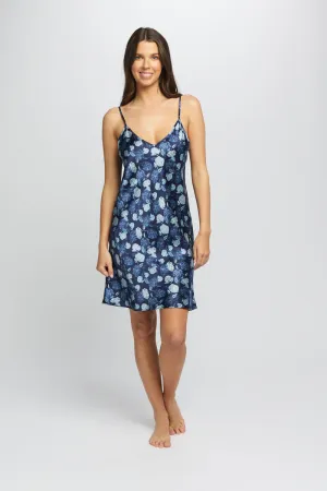 Silk Hydrangea Print Chemise Azure Navy