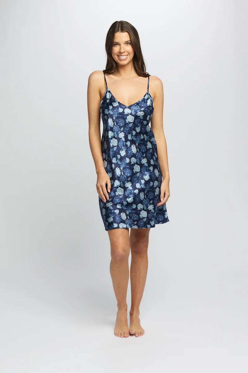 Silk Hydrangea Print Chemise Azure Navy