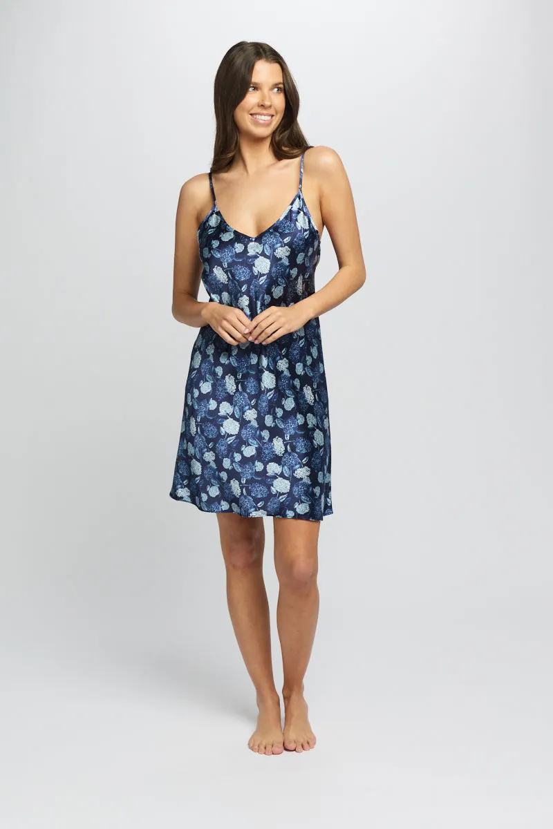 Silk Hydrangea Print Chemise Azure Navy