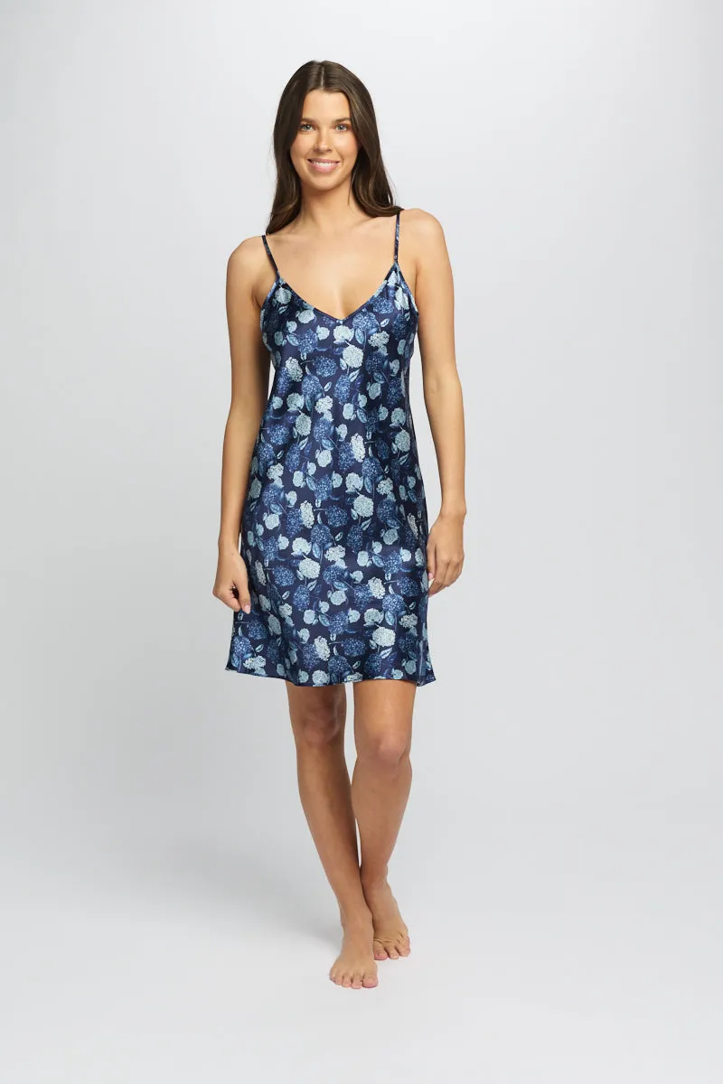 Silk Hydrangea Print Chemise Azure Navy