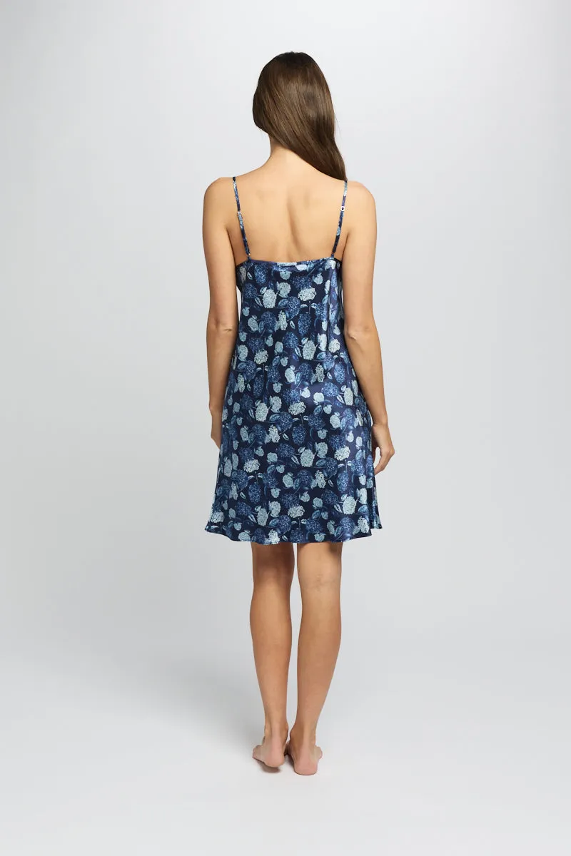 Silk Hydrangea Print Chemise Azure Navy