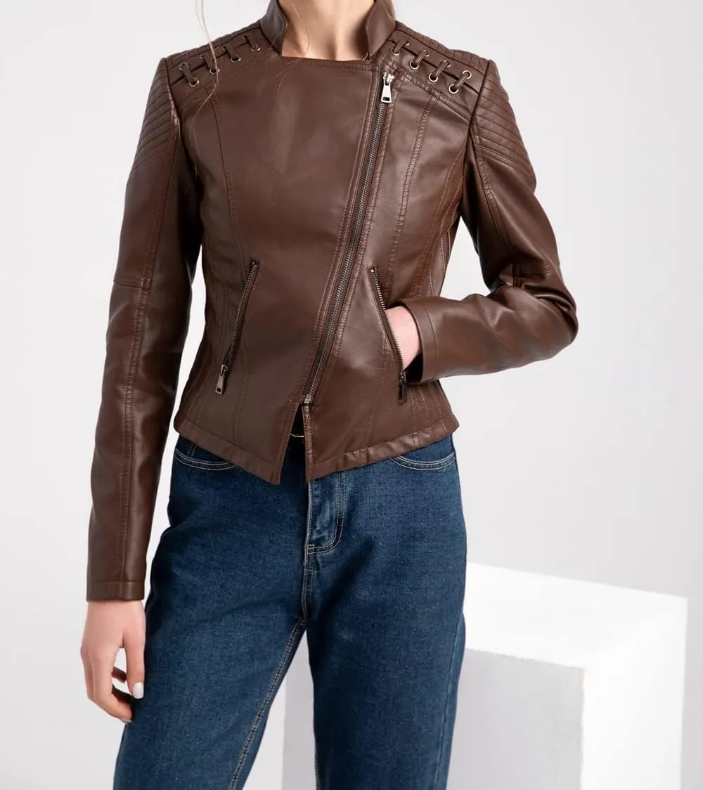 Sister Amy Women PU Leather Jacket Women Bomber Jacket Cropped Jacket Moto Coat for Biker