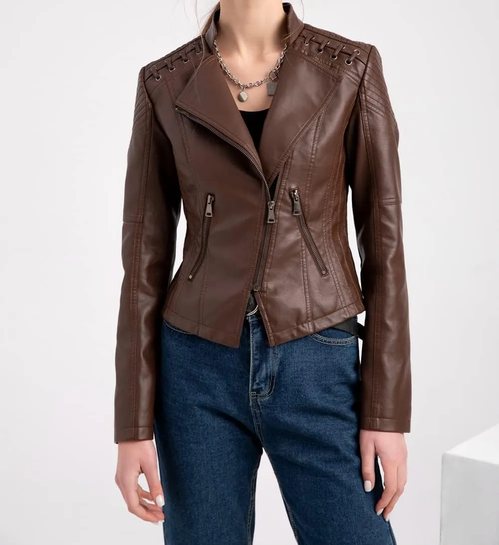 Sister Amy Women PU Leather Jacket Women Bomber Jacket Cropped Jacket Moto Coat for Biker