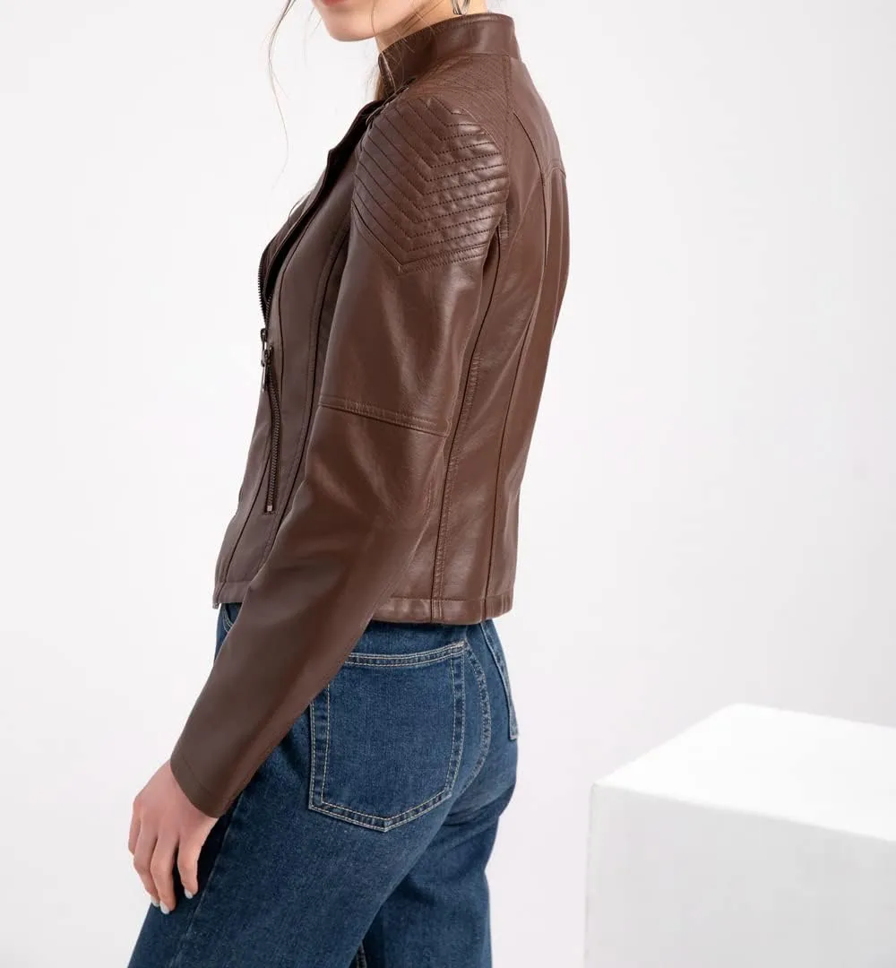 Sister Amy Women PU Leather Jacket Women Bomber Jacket Cropped Jacket Moto Coat for Biker