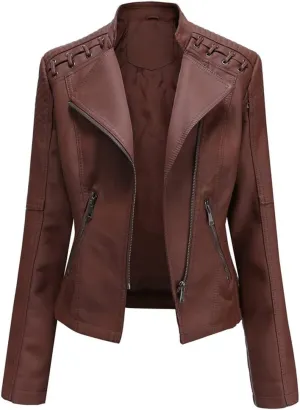 Sister Amy Women PU Leather Jacket Women Bomber Jacket Cropped Jacket Moto Coat for Biker