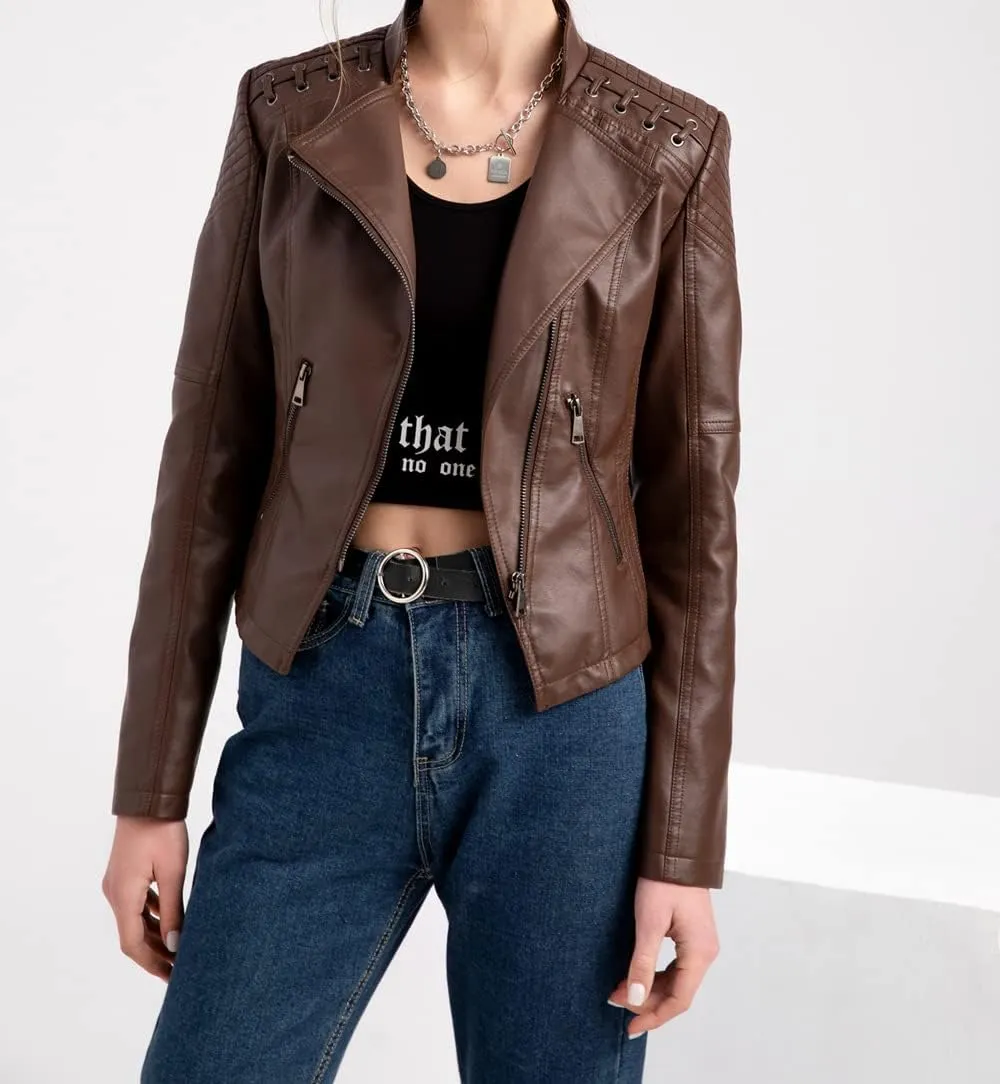 Sister Amy Women PU Leather Jacket Women Bomber Jacket Cropped Jacket Moto Coat for Biker