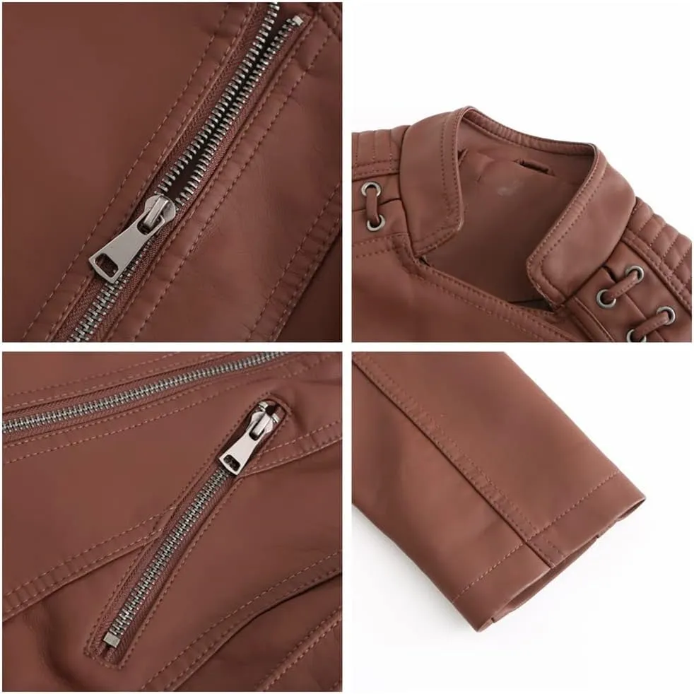 Sister Amy Women PU Leather Jacket Women Bomber Jacket Cropped Jacket Moto Coat for Biker