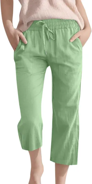 Teen Girls Cotton Linen High Waist Pants Kids Summer Cropped Preppy Sweatpants Cozy Lightweight Baggy 3/4 Trousers