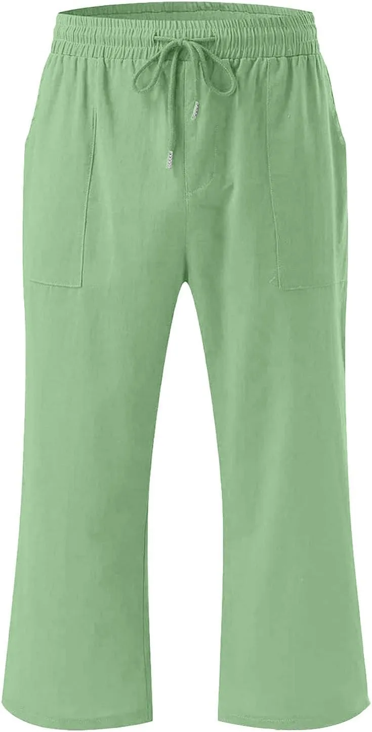 Teen Girls Cotton Linen High Waist Pants Kids Summer Cropped Preppy Sweatpants Cozy Lightweight Baggy 3/4 Trousers
