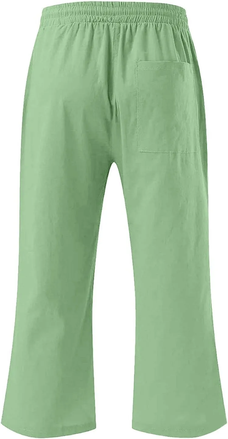 Teen Girls Cotton Linen High Waist Pants Kids Summer Cropped Preppy Sweatpants Cozy Lightweight Baggy 3/4 Trousers