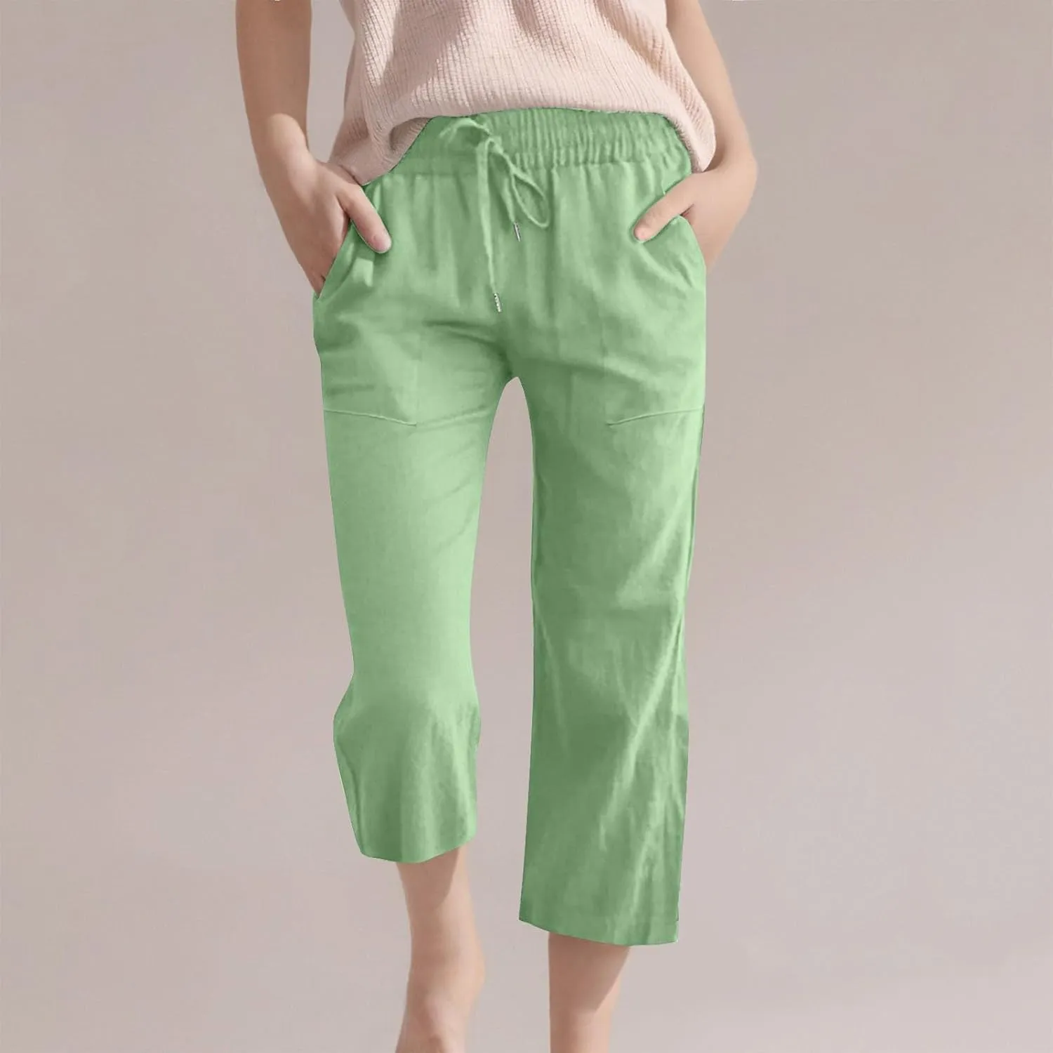 Teen Girls Cotton Linen High Waist Pants Kids Summer Cropped Preppy Sweatpants Cozy Lightweight Baggy 3/4 Trousers