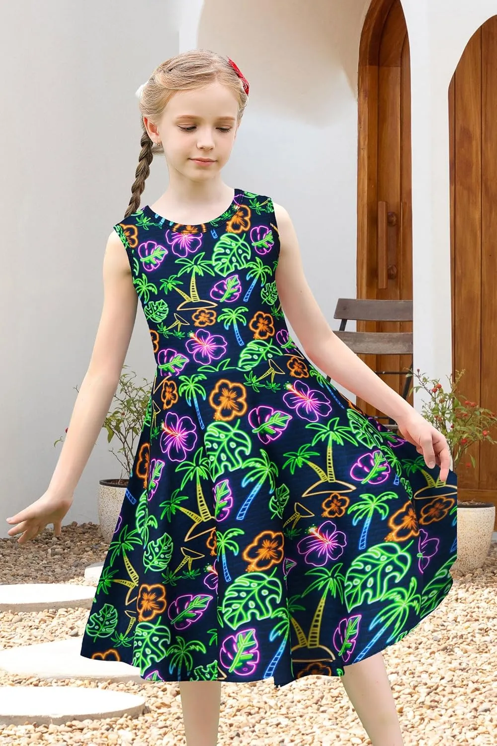 uideazone Girls Sleeveless Dress Round Neck Floral Printed Sundress for Casual Home Party Beach 4-12 Years