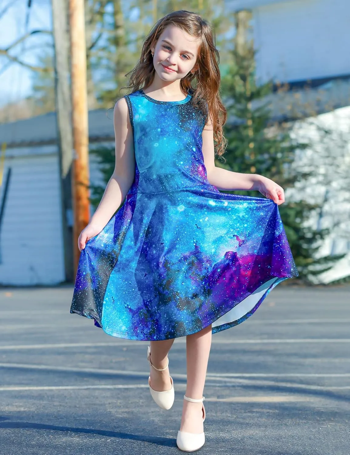 uideazone Girls Sleeveless Dress Round Neck Floral Printed Sundress for Casual Home Party Beach 4-12 Years