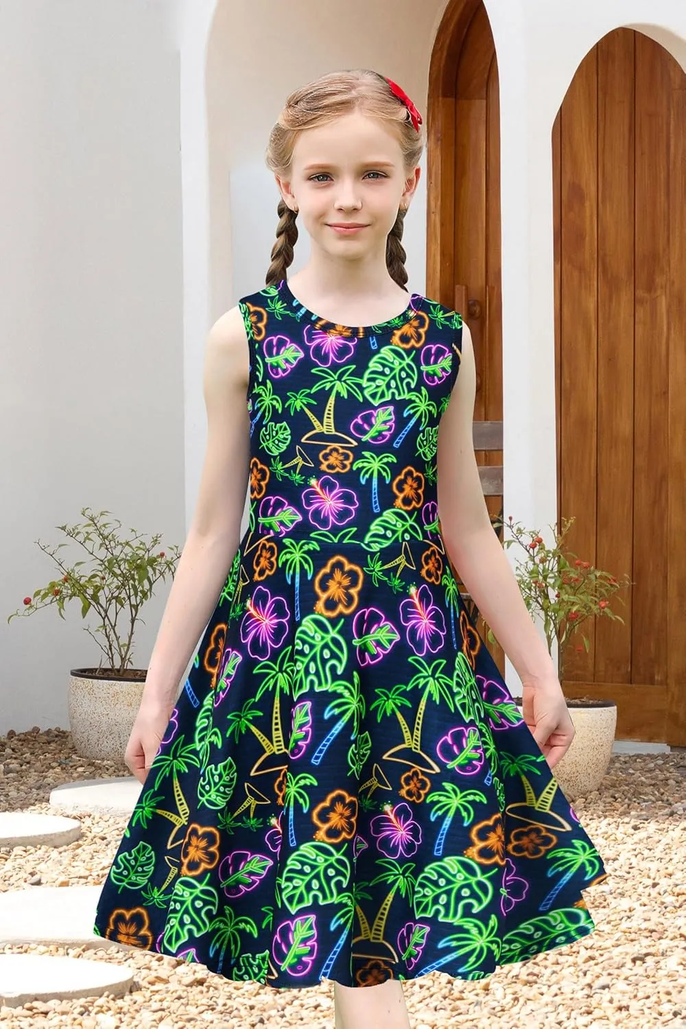 uideazone Girls Sleeveless Dress Round Neck Floral Printed Sundress for Casual Home Party Beach 4-12 Years