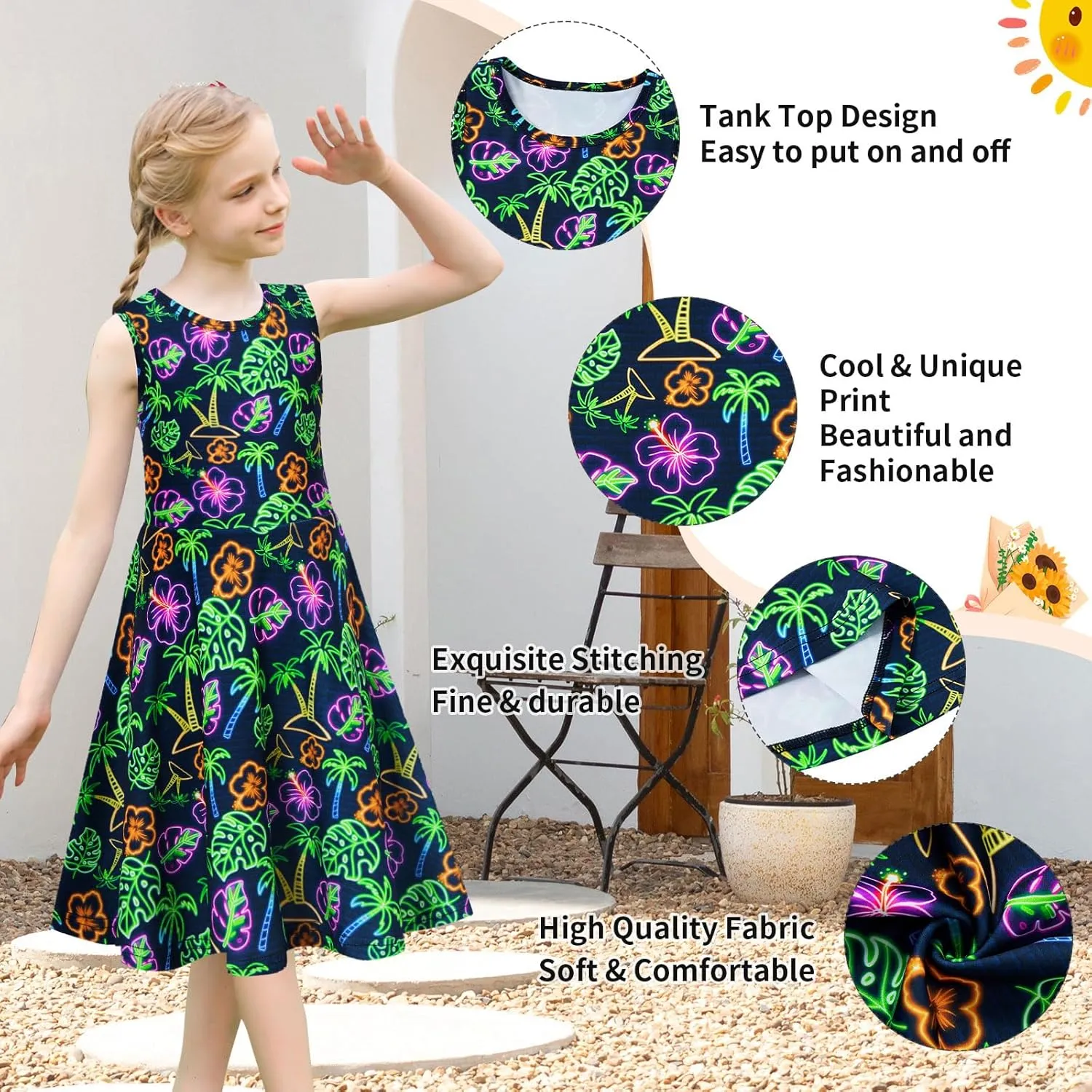 uideazone Girls Sleeveless Dress Round Neck Floral Printed Sundress for Casual Home Party Beach 4-12 Years