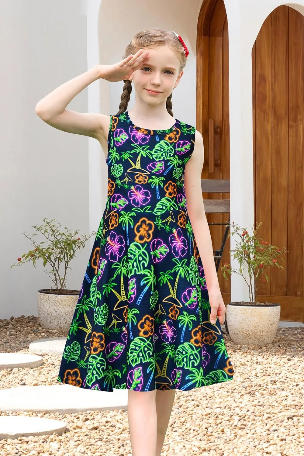 uideazone Girls Sleeveless Dress Round Neck Floral Printed Sundress for Casual Home Party Beach 4-12 Years