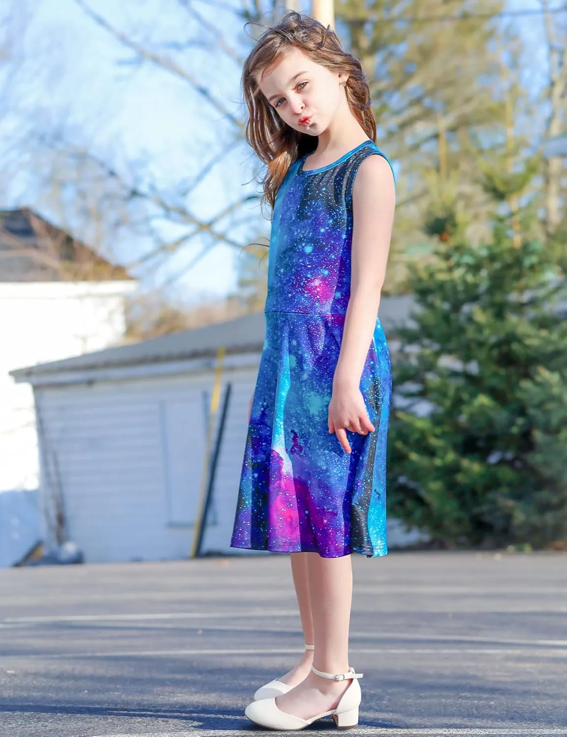 uideazone Girls Sleeveless Dress Round Neck Floral Printed Sundress for Casual Home Party Beach 4-12 Years