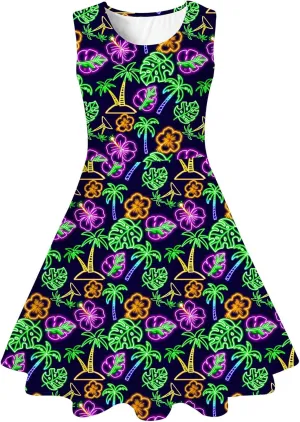 uideazone Girls Sleeveless Dress Round Neck Floral Printed Sundress for Casual Home Party Beach 4-12 Years
