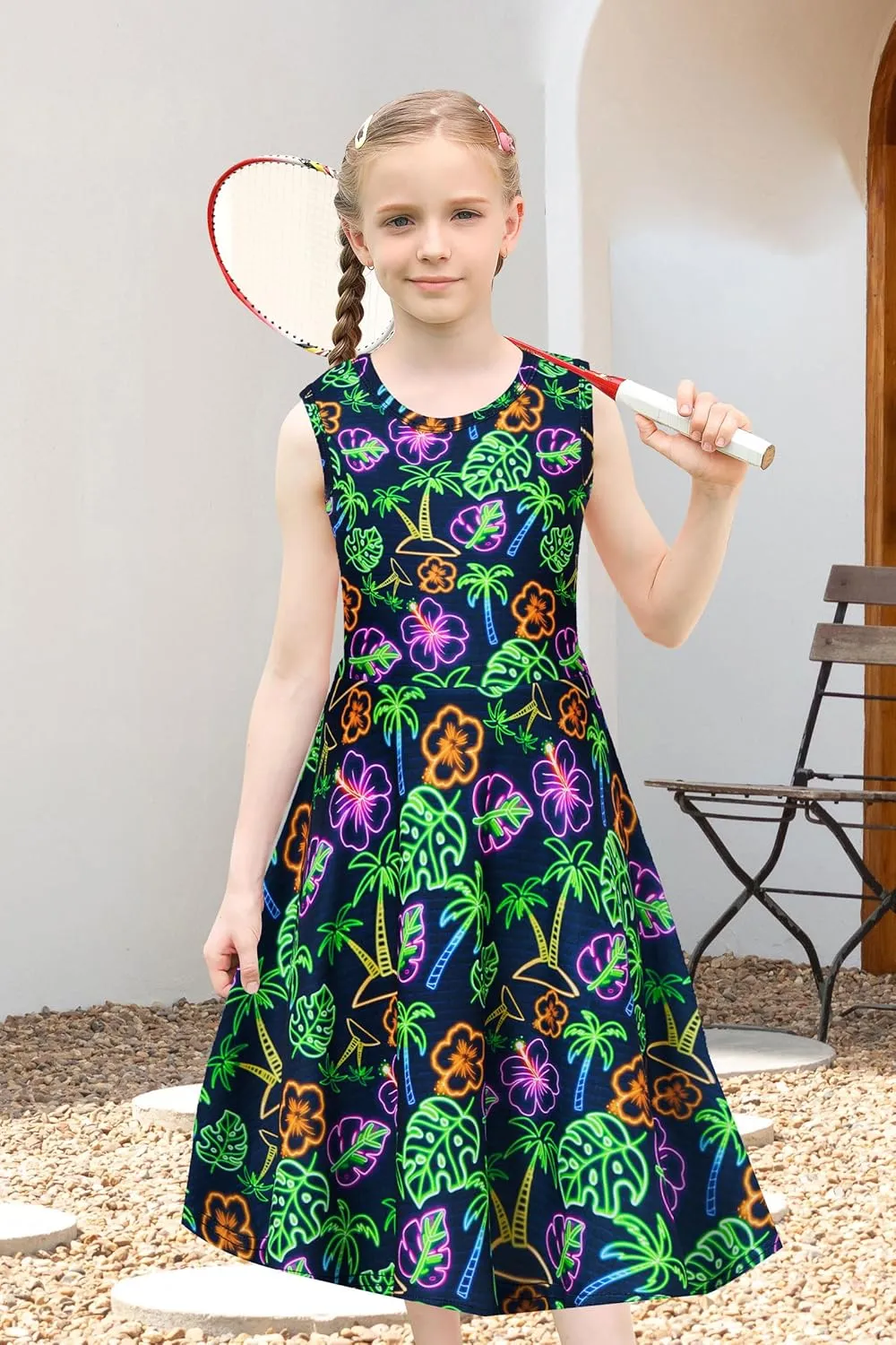 uideazone Girls Sleeveless Dress Round Neck Floral Printed Sundress for Casual Home Party Beach 4-12 Years