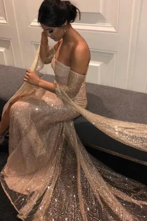 Unique Off the Shoulder Sheath Long Sleeveless Prom Gown, Sparkly Evening Dress UQP0157