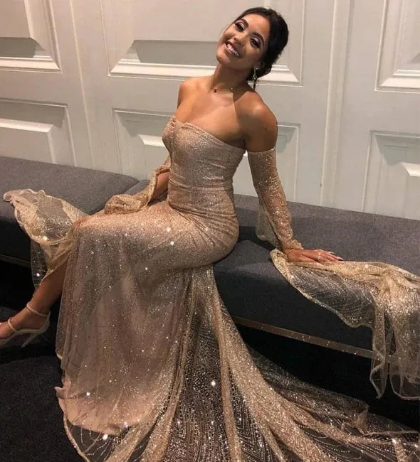 Unique Off the Shoulder Sheath Long Sleeveless Prom Gown, Sparkly Evening Dress UQP0157