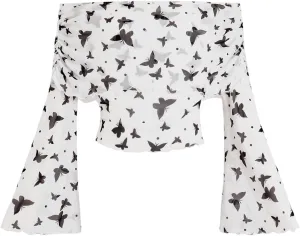 Verdusa Women's 70s Off The Shoulder Renaissance Tops Bell Flared Sleeve Floral Fairycore Mesh Crop Tops