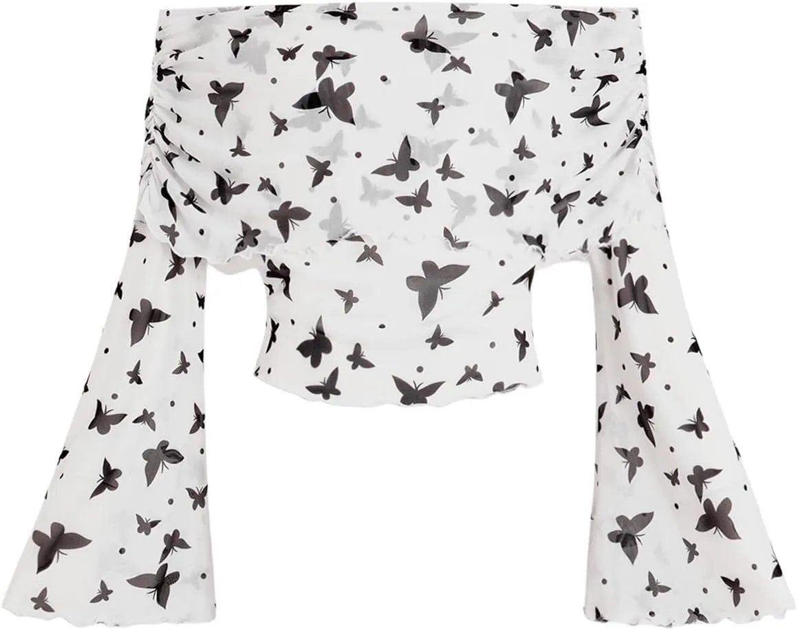 Verdusa Women's 70s Off The Shoulder Renaissance Tops Bell Flared Sleeve Floral Fairycore Mesh Crop Tops