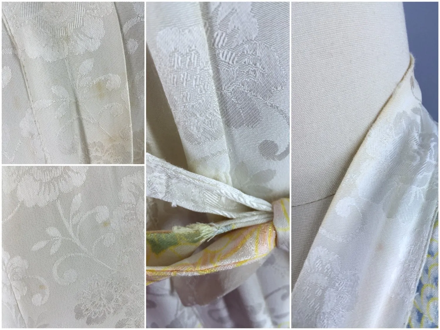Vintage 1920s-1930s Silk Kimono Robe / White Floral Chinoiserie / Silk Wrapper / Flapper