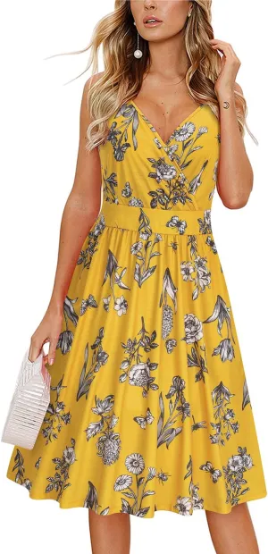 VOTEPRETTY Women's V Neck Floral Spaghetti Strap Sundress Casual Summer Party Swing Dress with Pocket