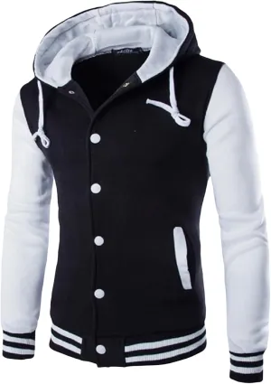 Wankang Mens Hoodie Baseball Jacket Button Down Varsity Jacket Hooded Lightweight Letterman Bomber jacket Coats for Men