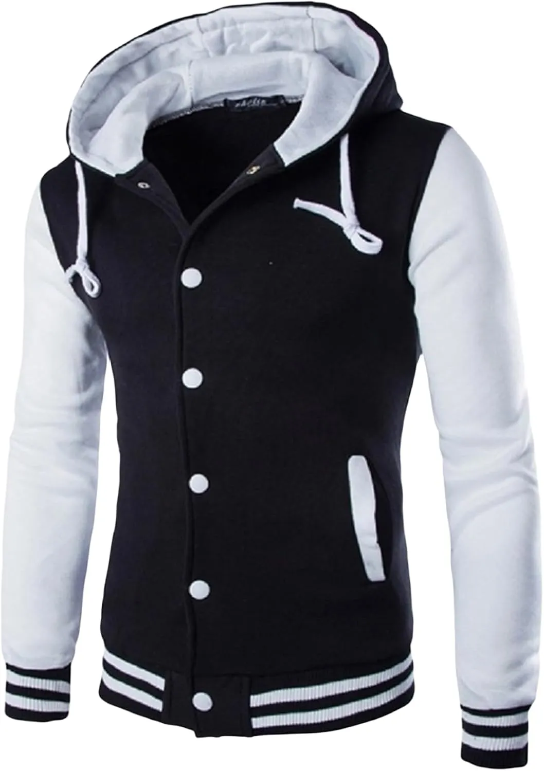 Wankang Mens Hoodie Baseball Jacket Button Down Varsity Jacket Hooded Lightweight Letterman Bomber jacket Coats for Men