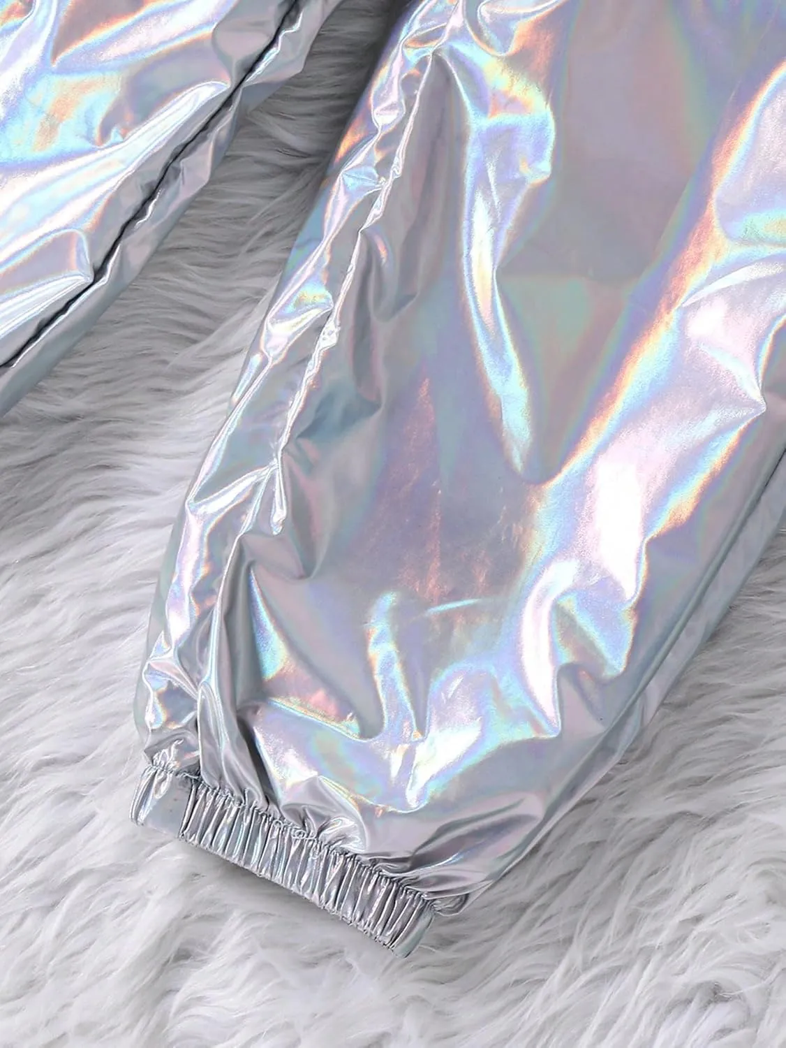 WDIRARA Girl's 2 Piece Holographic Outfit Flap Pocket Zip Up Jacket and Elastic Waist Pants Set