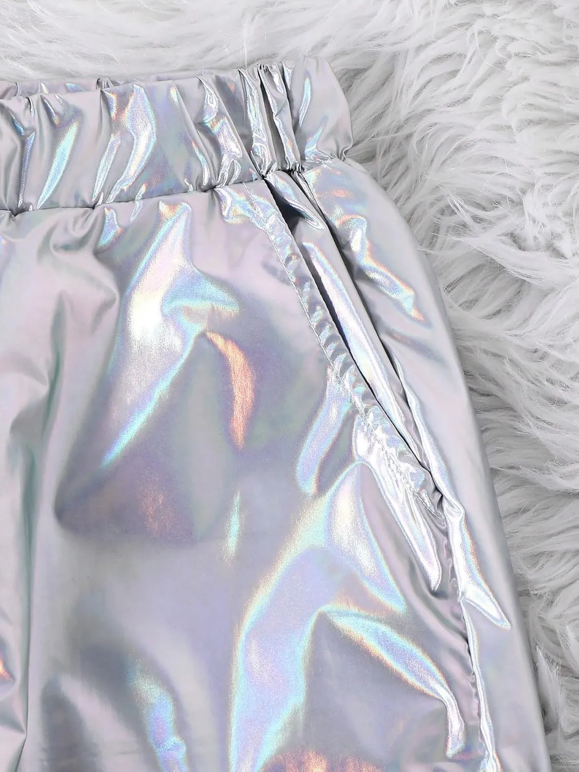 WDIRARA Girl's 2 Piece Holographic Outfit Flap Pocket Zip Up Jacket and Elastic Waist Pants Set