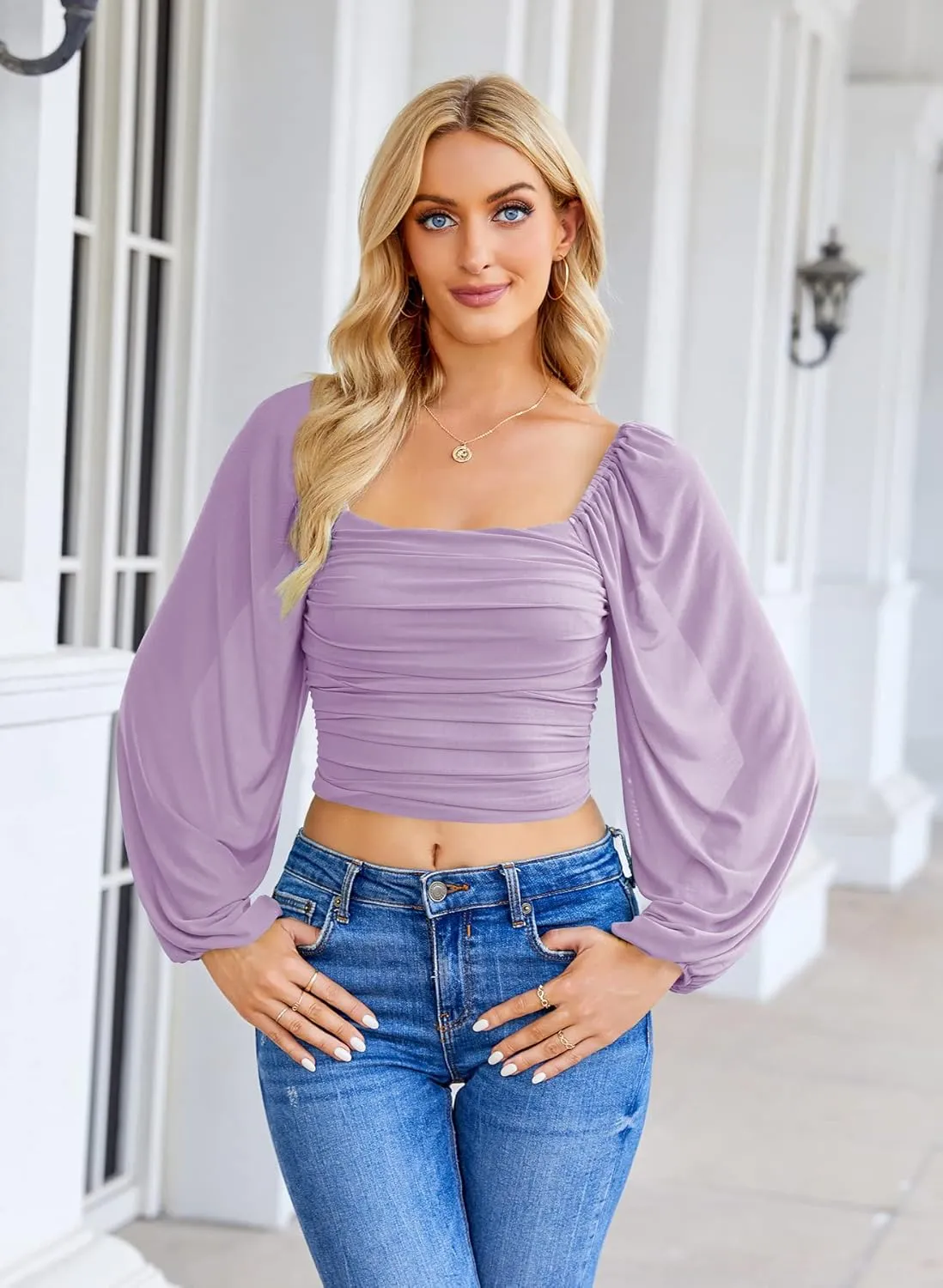 Wenrine Womens Mesh Long Sleeve Crop Tops Night Going Out Square Neck Off The Shoulder Ruched Shirt Blouses Dressy Casual