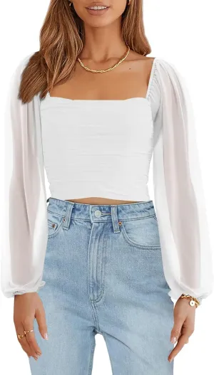 Wenrine Womens Mesh Long Sleeve Crop Tops Night Going Out Square Neck Off The Shoulder Ruched Shirt Blouses Dressy Casual