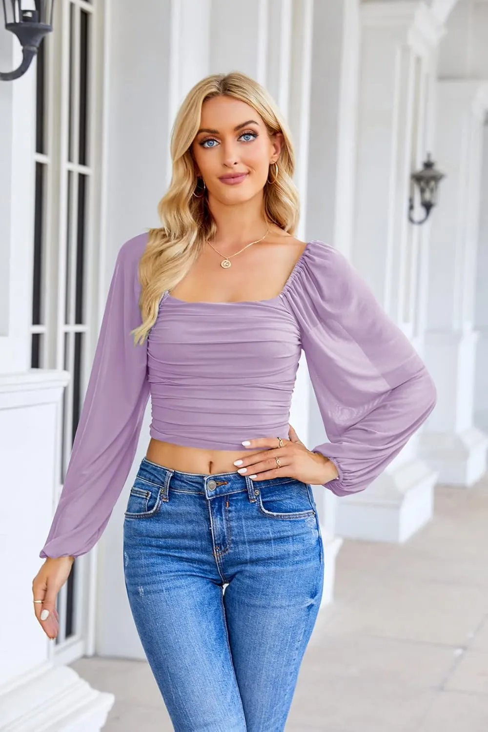 Wenrine Womens Mesh Long Sleeve Crop Tops Night Going Out Square Neck Off The Shoulder Ruched Shirt Blouses Dressy Casual