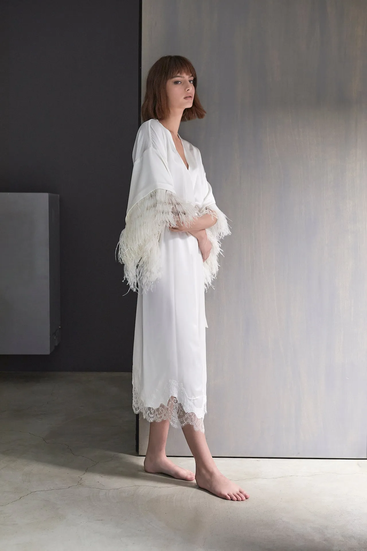 White Feather Silk Kimono Robe
